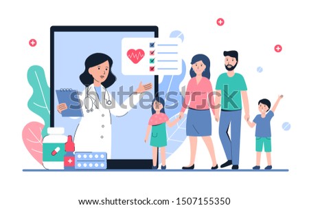 Online consultation with doctor. Modern healthcare technologies. Mobile app family medicine. Control care health service. Flat vector modern banner, template, poster illustration.