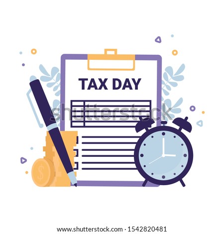 Tax Day flat vector concept icons illustration. Clipboard Tax form, clock, pen, coins money.