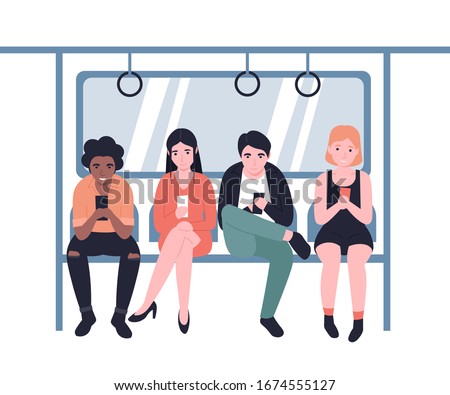 People ride the subway, metro, bus, train. Male and female characters in public transport with mobile. Flat vector modern cartoon design illustration. 