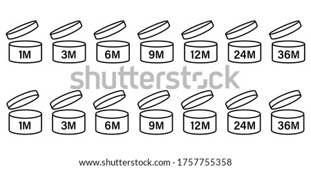 pao symbol shelf life vector icon. cosmetic open period use logo. 3, 6, 12, 24, 36, 3m, 6m, 12m, 24m, 36m month best before product mark. cream eu pack label. isolated white background set