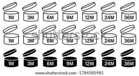 pao symbol shelf life vector icon. cosmetic open period use logo. 3, 6, 12, 24, 36, 3m, 6m, 12m, 24m, 36m month best before product mark. cream eu pack label. isolated white background set