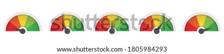 scale low to high, green and red vector gauge. risk, pain, feedback barometer sign, performance symbol. mood evaluation. on white background