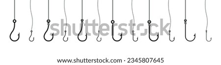 Fishhook icon. Fishing hook vector set. Fish-hook hanging on the line isolated on white background. Fishing sign.