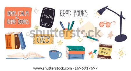 Fun hand drawn enjoying reading and home pastime and set. Various paper books, e-reader,mug with hot chocolate and marshmallow, table lamp, sweets,lettering stickers Keep calm and read books and Cozy.