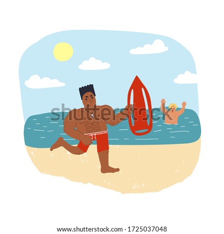 Muscular beach rescuer in red shorts runs from a rescue tower with buoy equipment to help man drowning in the sea and screaming with hand up. Rules of staying on the beach, swimming safety concept.
