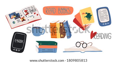 Reading lovers cute set. Various paper and electronic books, fairy tales or myths, glasses, sticker and lettering, art or travel book, hot chocolate drink with little marshmallows in mug.