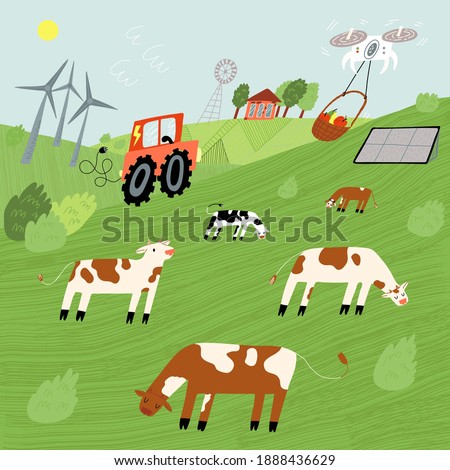 Organic farming, ecological food production, green agriculture concept. Fields with cows, windmills, electrical combine, solar panels, remotely piloted quadcopter delivers vegetables and fruits