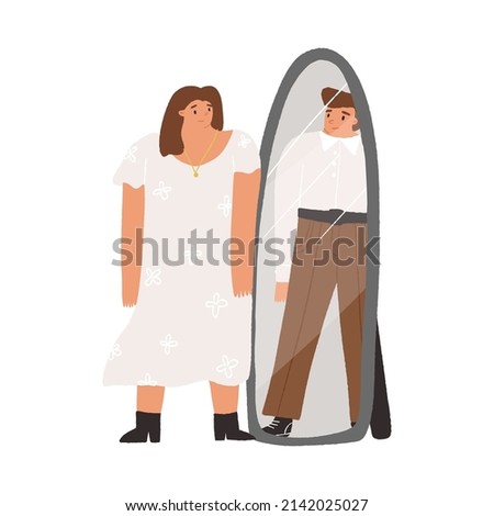 Woman in dress looking in the mirror and see a man in reflection. Gender identity, neutrality, non-binary, genderqueer or genderfluid concept. Vector isolated illustration.