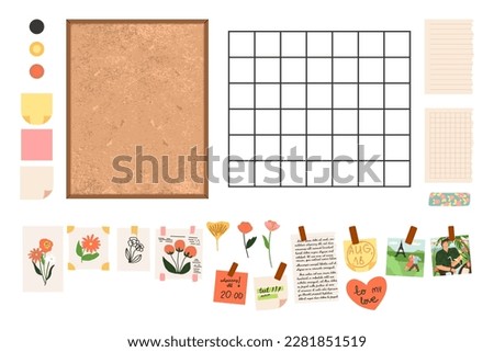 Framed cork board, dream board, note organizer and pins, posters, art, dry flowers, washi tape, photos, paper sheets with important dates, stickers or sticky notes, reminders, textbook, notebook sheet