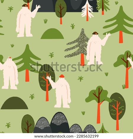 Cute waving Yeti vector seamless pattern. Various Yeti characters - ranger, girl, in a hand-knitted beanie in the woods and mountains. Children vector repeat, Baby backdrop for wrapping paper, fabric.