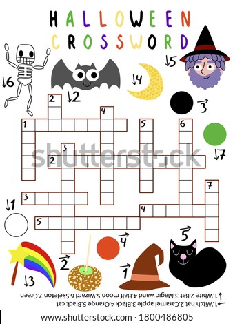 Colorful halloween crossword for kids stock vector illustration. Crossword with skeleton, bat, half moon, wizard, magic wand, caramel apple, witch hat, black cat, orange, green, black and white colors