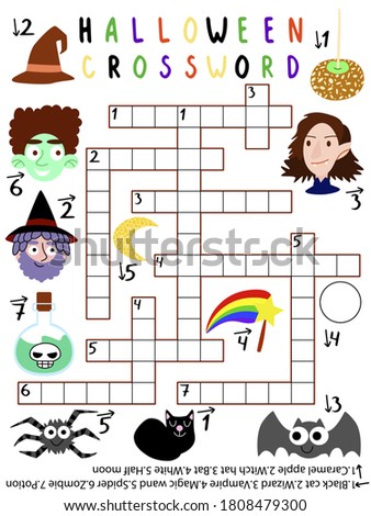 Halloween crossword for kids with answer vector. Halloween crossword with black cat, wizard, vampire, magic wand, spider, zombie, potion, caramel apple, witch hat, bat, white and half moon.