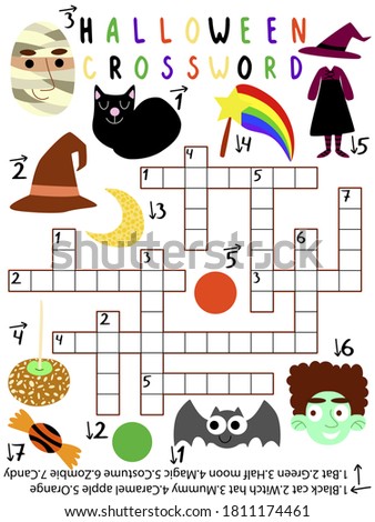 Funny educational halloween crossword stock vector illustration. Children printable vertical game with answer. Big halloween crossword with little cartoon pictures and twelve words down and across
