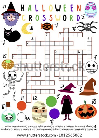 Halloween crossword vertical worksheet for kids vector. English word game with moon, skull, spider, wizard, pumpkin, potion, skeleton, cat, hat, costume, mummy, apple, candy, sugar skull and colors.