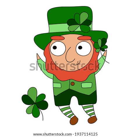 Funny cartoon character Saint Patrick with shamrocks stock vector illustration. Ireland's saint patron cartoon clipart white isolated. Happy St. Patrick's Day colorful illustration. One of a series