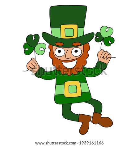 Saint Patrick's Day funny character stock vector illustration. Smiling cartoon Patrick with shamrocks clipart isolated on white. Hand drawn saint patron of Ireland colorful clipart. One of a series