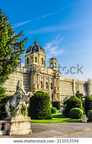 Beautiful HDR view of famous Naturhistorisches Museum (Natural History Museum) with park and sculpture in Vienna, Austria
