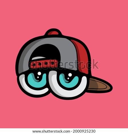 Eyes wearing backward hat concept. Vector illustration of a peeking human eyes and hat, drawing isolated on pink background