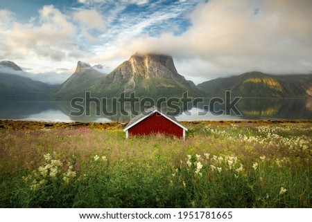 Stunning colorful fjord views. Sunny morning with blue clouds. Mountains covered with clouds in the background. A red fisherman's house is located in the green grass on the seashore. Scandinavian life