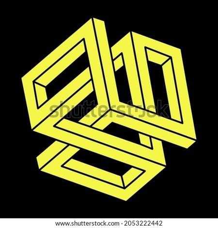 Impossible shapes. Sacred geometry figures. Optical illusion. Abstract eternal geometric object. Impossible endless outline. Optical art. Impossible geometry shape on a black background. Escher style.