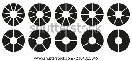 Circle division, 2, 3, 4, 5, 6, 7, 8, 9, 10, 11 equal parts. Coaching blank. Wheel divided diagrams, two, three, four, five, six, seven, eight, nine, ten, eleven segments. Infographic set. Vector.