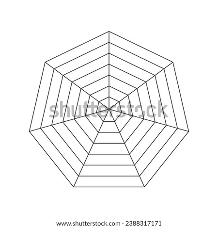 Heptagonal radar. Spider diagram template. Heptagon graph. Flat spider mesh. Diagram for statistic, analytic. Blank seven sided radar chart. Coaching tool. Vector graphic illustration.