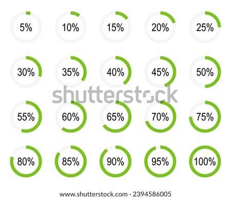 Infographic elements. Pie charts. Percent download, dashboard for web, app. Analysis in percent. Set of diagrams. Round filled loading bars. Battery charging, progress, buffering, transfer icon.