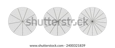 Wheel of life templates. Circle diagrams of life style balance. Coaching tool for visualizing all areas of life. Polar grid with segments, concentric circles. Blank of polar graph paper. Vector icons.