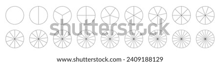 Segmented charts. Set of pizza, pie chart template. Many number of sectors divide the circle on equal parts. Collection of segments infographic. Diagram wheel parts. Vector outline black thin graphics