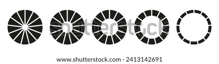 Wheel divided, thirteen sections. Pie, pizza chart simple icon. Set of diagram infographic. Circle section graph. Donut charts, pie segmented on 13 equal parts. Geometric element. Vector illustration.