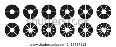 Circle division, 2, 3, 4, 5, 6, 7, 8, 9, 10, 11, 12, 13 equal parts. Wheel divided diagrams, two, three, four, five, six, seven, eight, nine, ten, eleven, twelve, thirteen segments. Infographic set.