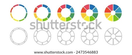 Donut charts, pies segmented on 8 equal parts. Wheels divided in eight sections. Diagrams infographic multicolored set.  Circle section graph. Pizza chart icon. Round loading bar. Graphic illustration