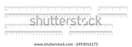 Set of inch and metric rulers. Measuring tool templates. Scale for ruler in centimeters, inches. Inches, centimeters measuring scales. Metrics indicator cm, inch. Measuring scales icons. Eps.