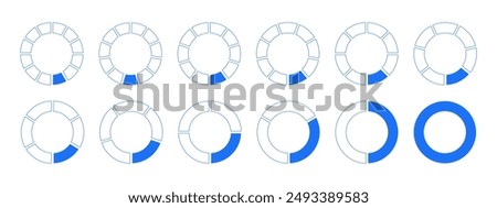 Circles divided diagram 1, 2, 3, 10, 7, 8, 9, 10, 11, 12 equal parts. Graph icon pie, pizza shape section charts. Coaching blank template. Segments wheel round divide infographic set. 