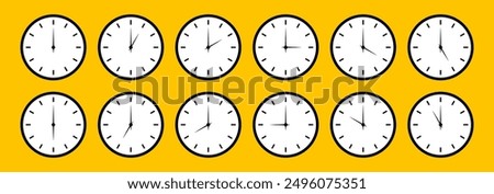 Clock icons set. Round clocks faces with different time. Time graphic symbol. Watch face flat illustration.