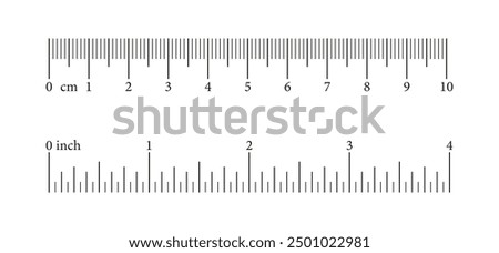 Measuring chart with 10 centimeters, 4 inches. Ruler scale with numbers. Length measurement math, distance, height template. Sewing tool. Metric, imperial units. 