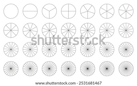 Diagram wheel parts from 1 to 28. Segmented charts template. Sectors divide the circle on equal parts. Coaching blank. Pizza, pie charts. Segments infographic. Outline black graphics. 