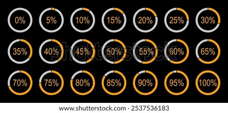 Circle graph percentage loading. Round diagrams icons from 0 to 100 percent. Infographics progress elements. Color fill pie, pizza charts indicator templates.