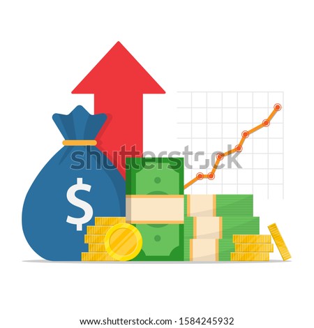 a pack of green dollars and a stack of gold coins, a bag of money in the background a red arrow up. increase in mutual funds income, statistical report, business productivity increase.