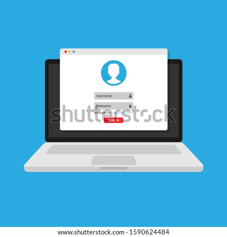 login form, the login page opens in a web browser window on the laptop screen. Online registration form. Stock vector illustration in flat style.10 eps.