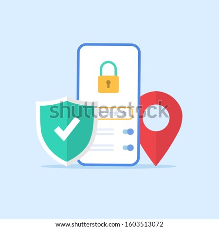 concept of setting up protection for a mobile phone. location of a smartphone and setting up device lock. lock and green shield with a check mark. password. stock vector illustration.10 eps.