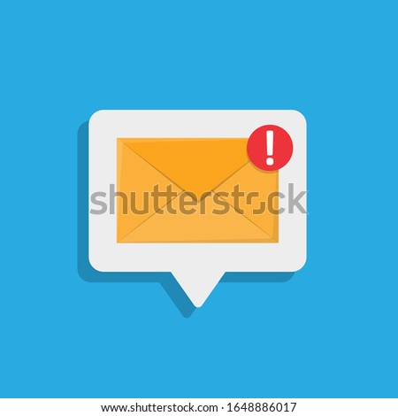 
Yellow mail envelope on a white bubble. Mail notification with a red exclamation mark. Stock vector illustration in flat style.