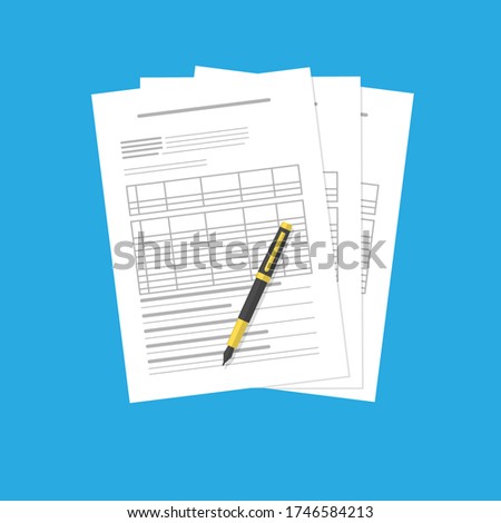 paper or documents. Filling out forms and pen. Application, resume, bookkeeping robot with papers in the office. Vector illustration isolated on a blue background.