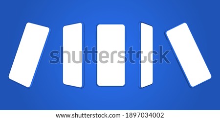 
Mock up of a mobile smartphone with perspective views from different angles. Phone screens with blank display on blue background.