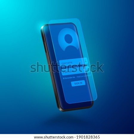 Online registration form. Login form, login page opened in web browser window on realistic mobile phone screen projection on glass. Modern 3d design, vector isometric illustration.