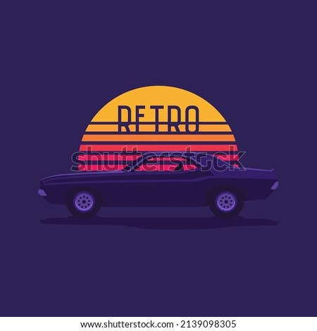 American muscle car on the background of a striped retro sun wave.Vector illustration in the style of the 80s.