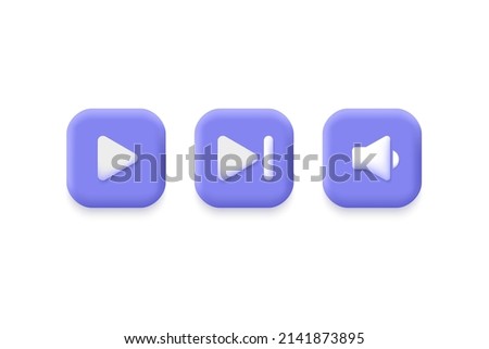 3d music player buttons in a minimalistic cartoon style. icon play, volume, go to end, next. vector illustration isolated on white background.