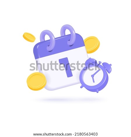 3d calendar and alarm clock with gold coins around. the concept of a reminder of timely payment for services. vector illustration in realistic style isolated on white background.