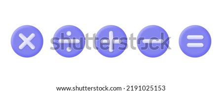 3d set of mathematical signs. plus, minus, divide, multiply, equal. round buttons for the calculator. vector illustration isolated on white background.