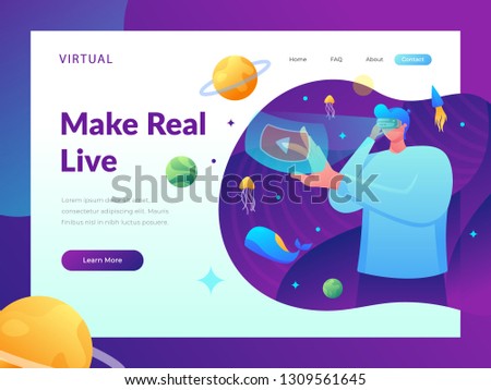 a man wearing virtual reality ( vr ) glasses watching augmented reality flat illustration style for web design homepage landing page. 
